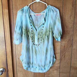 Spoiled S Sheer Boho Blouse Blue Green Studded Neck Peasant Top Small Lightweigh